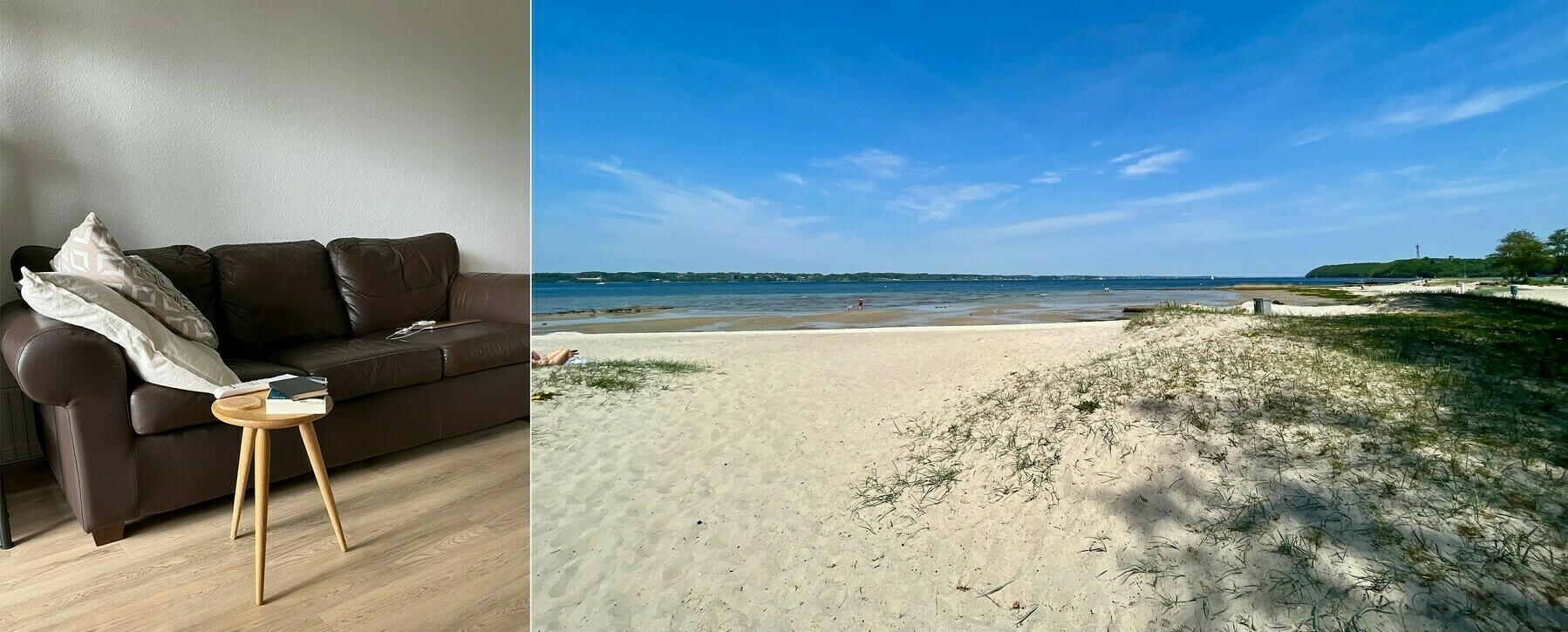Collage: Foto meiner Couch links, Strand rechts