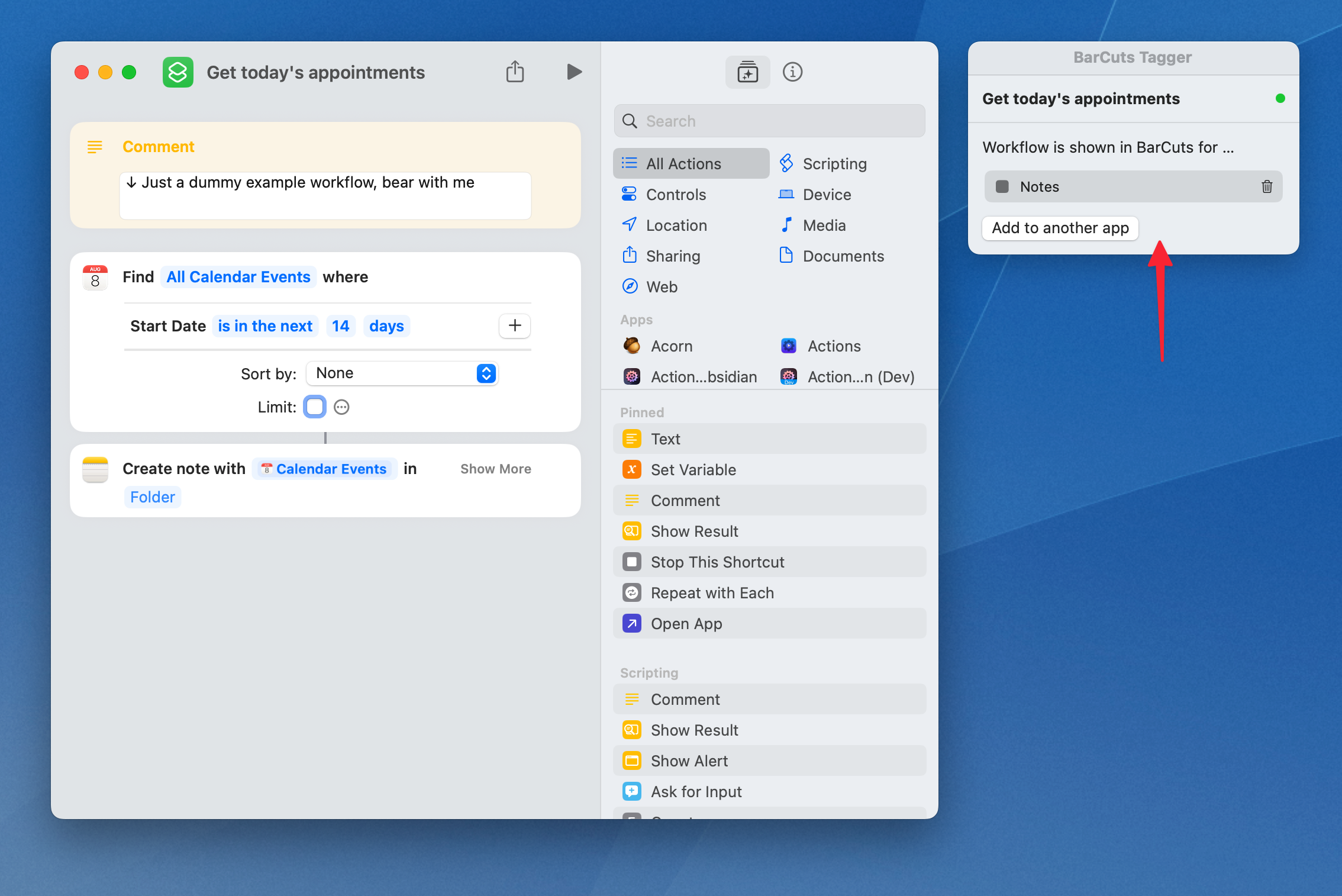 BarCuts Tagger panel shown next to a Shortcuts workflow 'Get Today\'s Appointments' being edited. The panel shows that the workflow was tagged to the Notes app