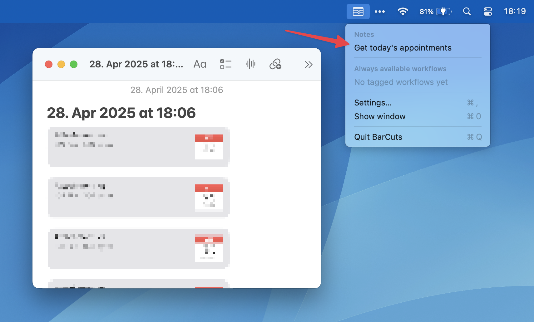 The Notes app is the frontmost app; the BarCuts menu bar menu shows the workflow