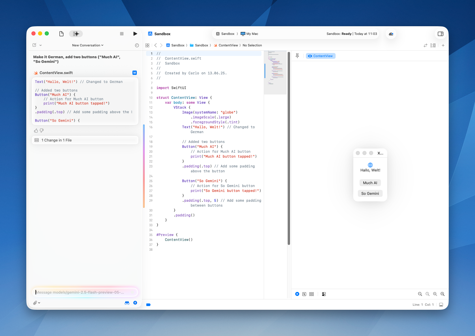 Screenshot of Xcode 26 after using gemini-2.5-flash